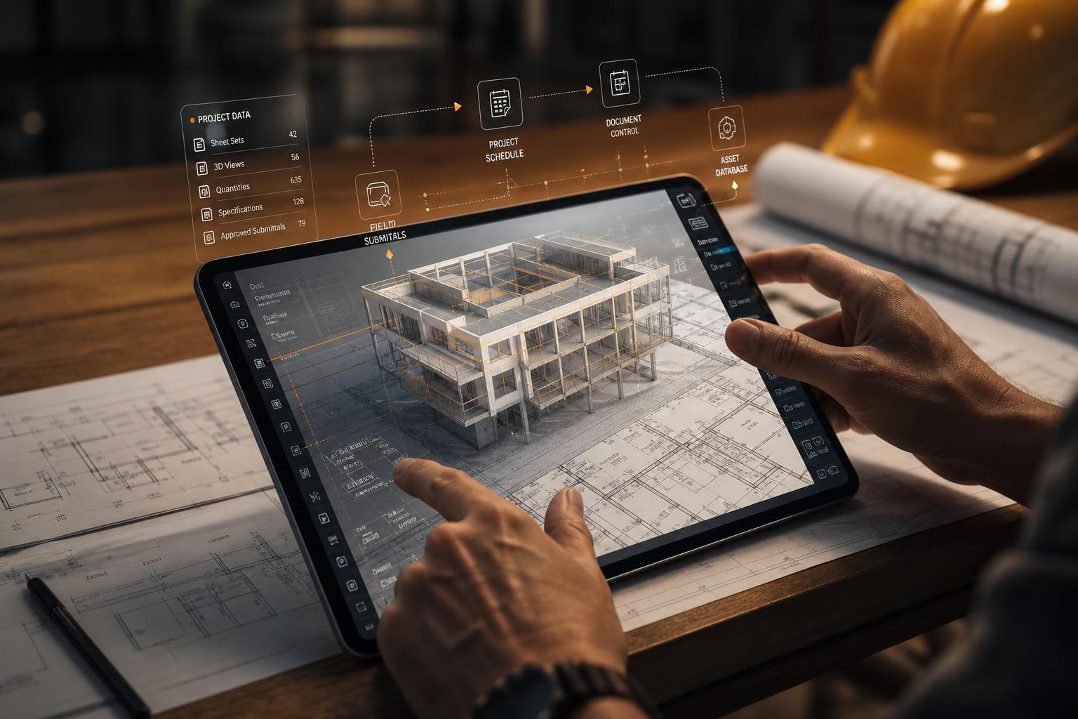 Digitale Bauprojektführung mit BIM-Modell auf dem Tablet